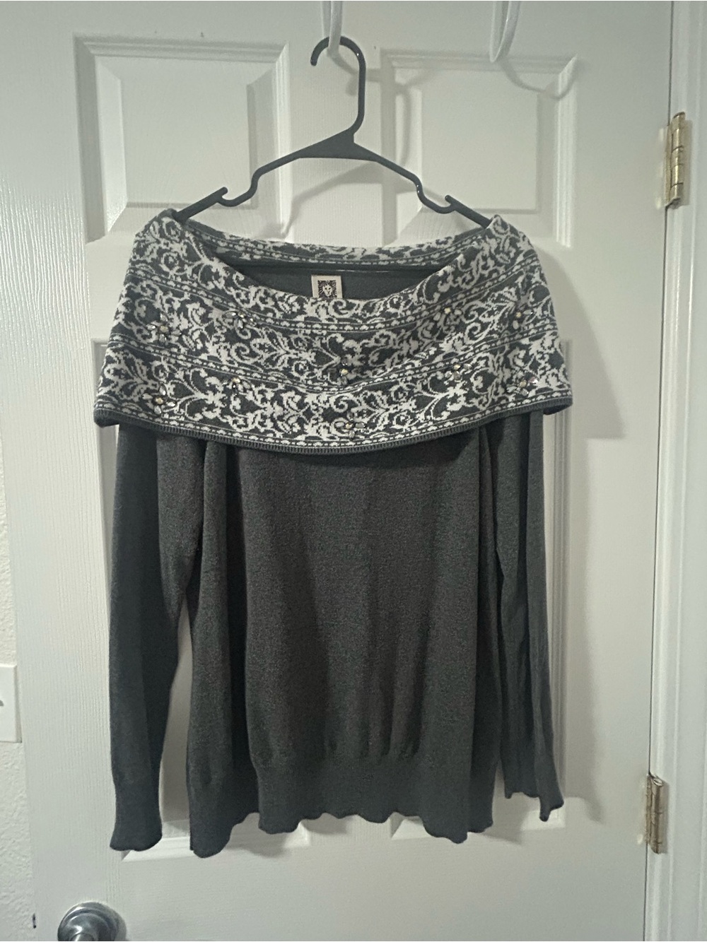 Anne Klein Gray Sweater with Cream Patterned Fold-Over Neck